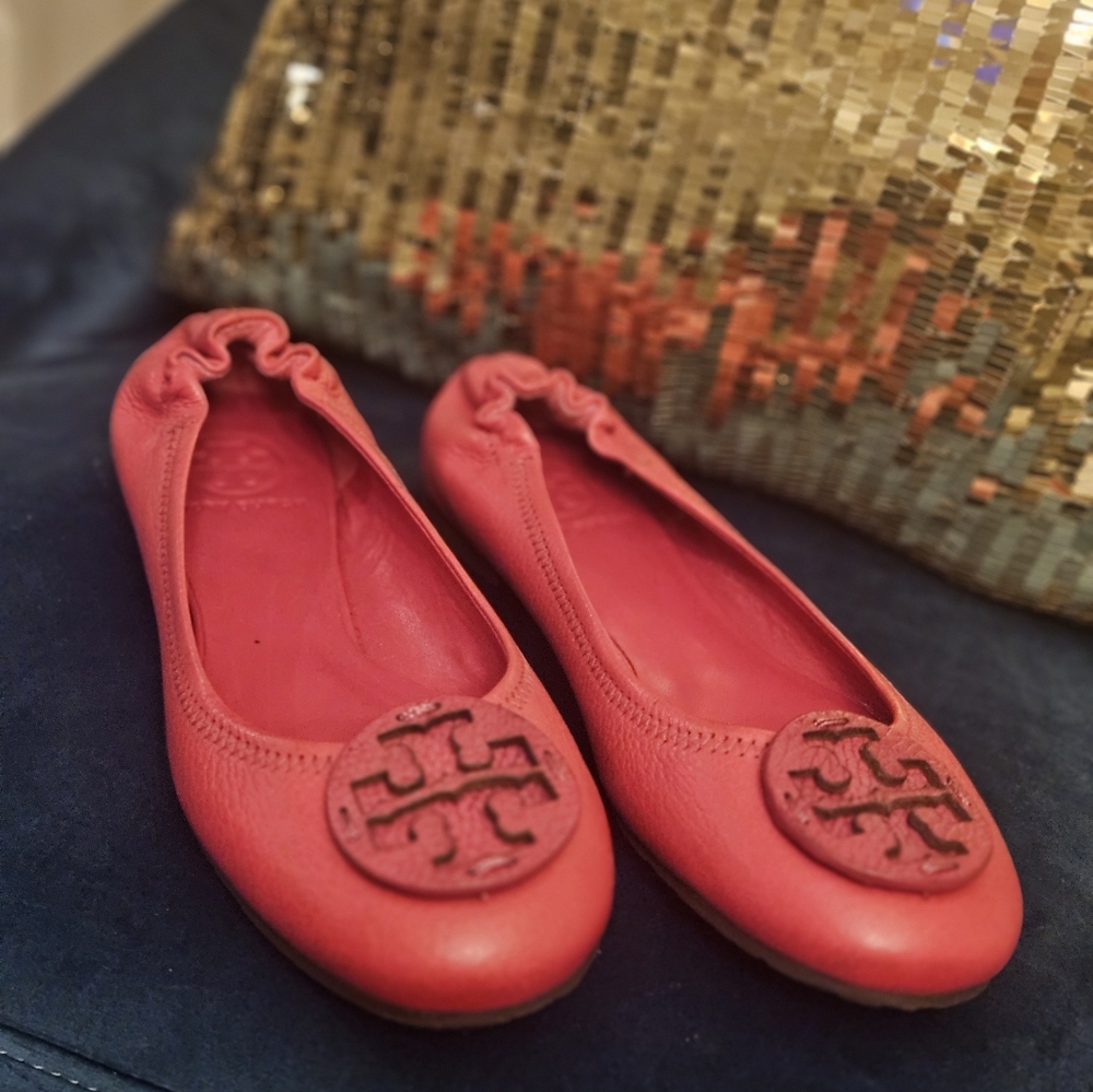 Tory Burch Hot Pink Leather Logo Ballet Flats